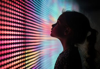 Silhouette of a little girl standing near illuminated neon LED wall looking amazed. Concept of futuristic cyberspace,  metaverse, modern digital technology.  