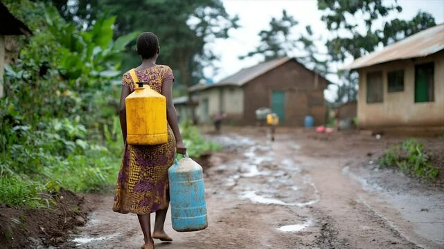 Woman carrying water jugs in village