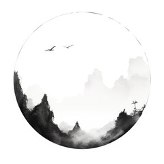 Stroke outline moutain and sun frame silhouette circle nature.