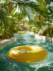 Yellow inflatable tube floating in a serene pool surrounded by lush tropical greenery