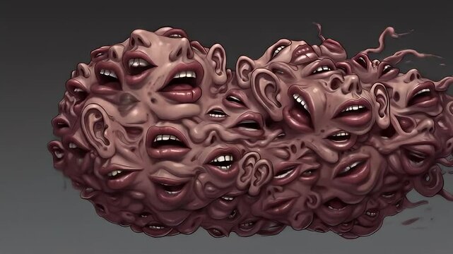 Abstract digital illustration of multiple distorted faces in a cluster