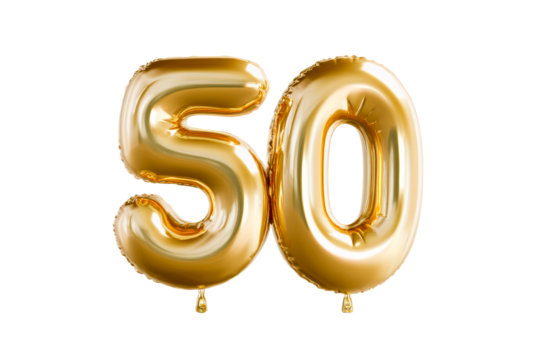 Golden 50 balloons with transparent background for celebration - Powered by Adobe