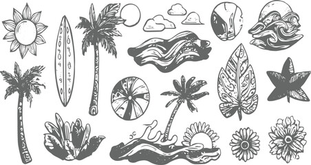 Italian or Spanish summer woman vacation doodle style illustration set. Vector ink hand drawn Italy coast, summer tropical beach seamless pattern cute hand-drawn palm tree, vacation, 