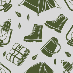 Camping-themed pattern: tents, lanterns, boots, thermoses in earthy green tones