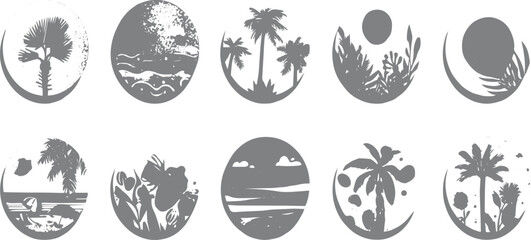 summer vacation, circular panels, beach chair vector silhouette illustration, Hand drawn summer symbols doodle