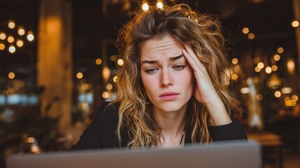 Fototapeta premium Stressed young woman with hand on forehead. She is sitting with a laptop in front of a backdrop of blurred lights looking concerned and frustrated.