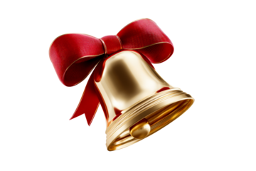 Festive golden bell with red ribbon on transparent background