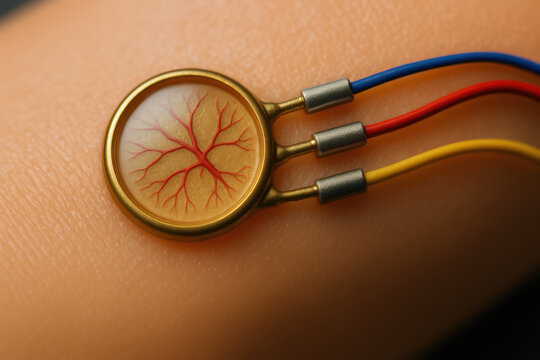 Bio engineering innovation concept with electronic skin sensor detecting veins and nerves on human skin surface