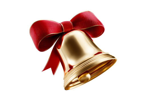 Festive golden bell with red ribbon on transparent background