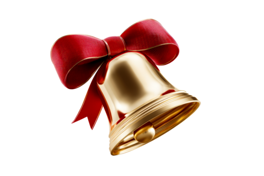Festive golden bell with red ribbon on transparent background