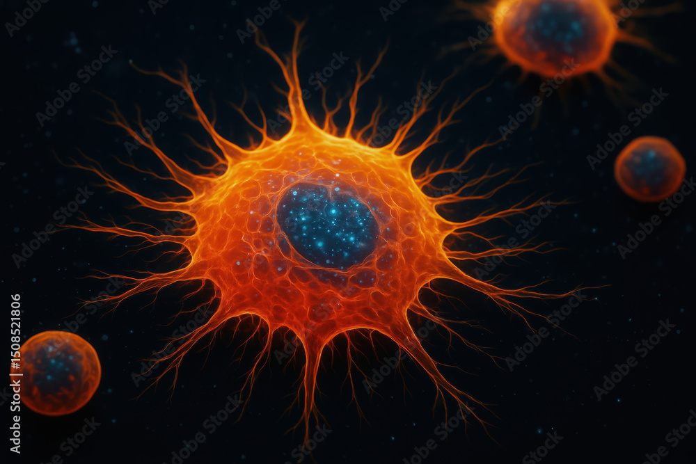 Poster bio cell with glowing nucleus represents innovation in engineering at microscopic level