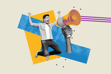 Trendy art creative full zine photo collage of happy man activist scream hand hold megaphone...