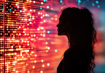 Silhouette of a young woman with long hair standing near illuminated neon LED wall. Concept of futuristic cyberspace,  metaverse, modern digital technology. 