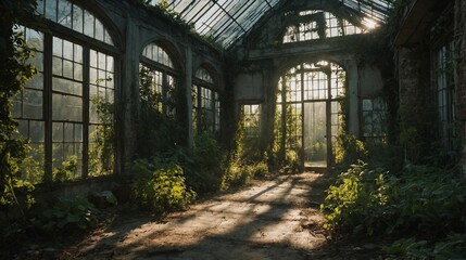 Sunlit Greenhouse Ruin with Overgrown Garden