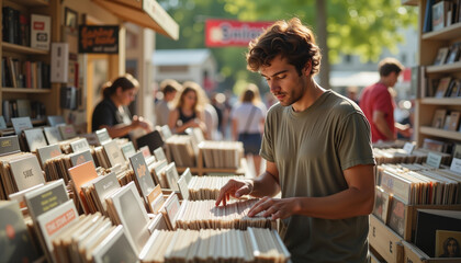 Young man searching for vinyl records in vibrant music shop, passion