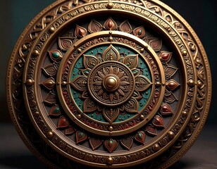 Fototapeta premium Ornate circular shield with intricate metallic design and gemstone accents