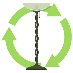 Living room floor lamp with a green circular symbol of three recycling arrows in a flat design style (cut out)
