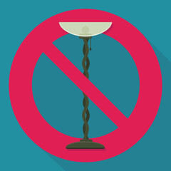 Living room floor lamp with a circular red strikethrough prohibition symbol on a blue background with long shadow in flat design style
