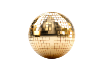 Gold disco ball with a reflective surface, transparent bg