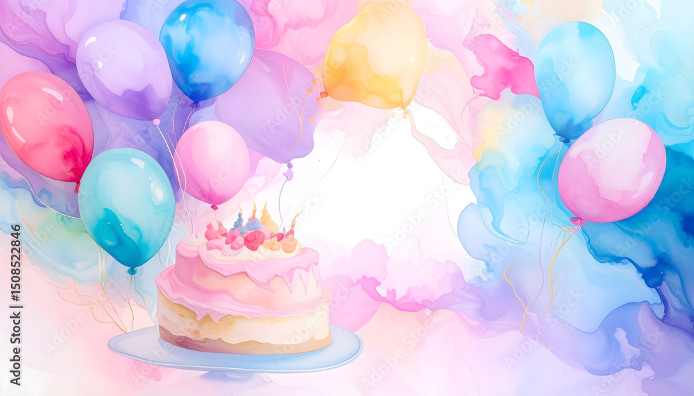Poster a pastel watercolor splash frames a whimsical birthday scene with a frosted cake and floating balloo