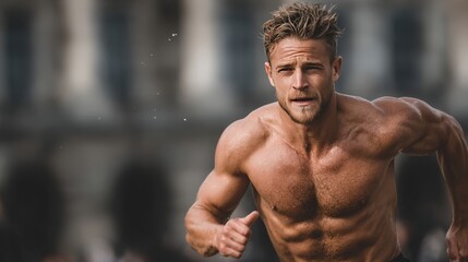 Muscular man sprinting shirtless outdoors with determined expression on face. Exercises that burn fat quickly. Athletic shirtless man running, strength and determination in fitness concept