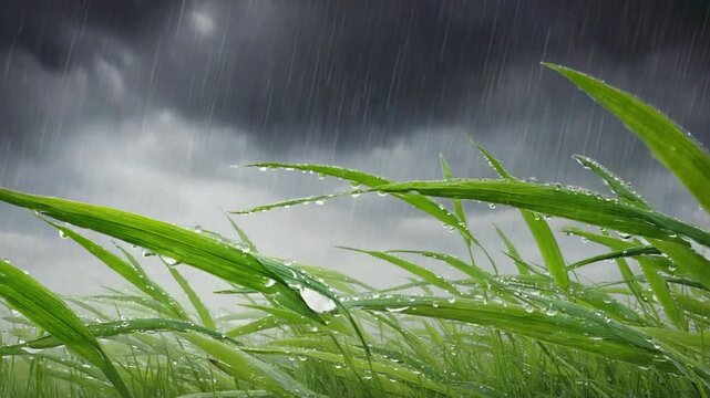 Macro close-up of long blades of grass bending shaking flat ground in a torrential downpour heavy wind, hyperreal detail, wet texture, intense shaking, stylized documentary realism
