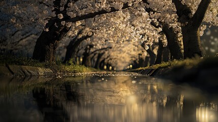 Cherry blossom festival celebration riverside park photography serene atmosphere evening light nature's beauty