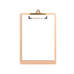 A clipboard with a blank white paper and a golden clip against a black background in studio shot isolated with white background