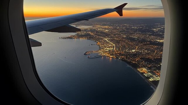 Aerial view of illuminated coastal city during sunset from airplane window