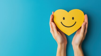 paper cut smiley face in hands make heart symbol for protection around on blue background. positive thinking, mental health, assessment, world mental health day concept