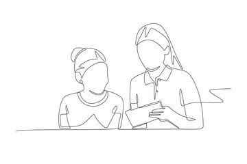 Students and teachers using touch pads concept one-line drawing