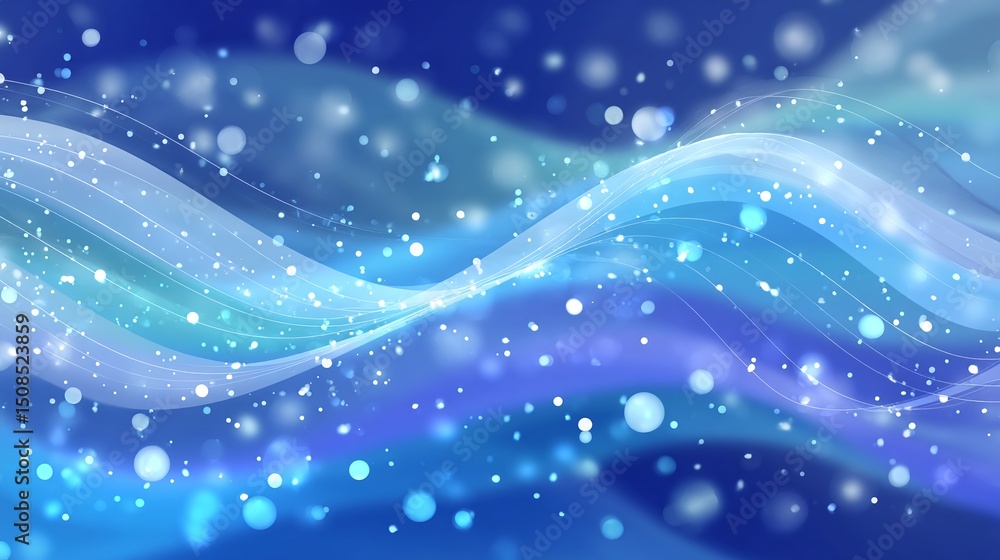 Poster abstract blue background with flowing waves and sparkling lights, creating a dreamy, ethereal atmosp