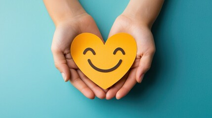 paper cut smiley face in hands make heart symbol for protection around on blue background. positive thinking, mental health, assessment, world mental health day concept