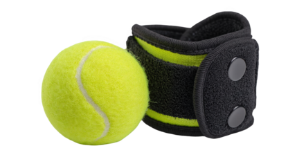 Tennis ball resting beside a wrist support on a transparent background, symbolizing the potential for wrist injuries in tennis and the importance of protective gear