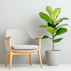 A modern gray chair with wooden legs sits next to a potted rubber plant against a light wall, creating a serene and stylish interior setting ideal for home decor projects or lifestyle blogs,
