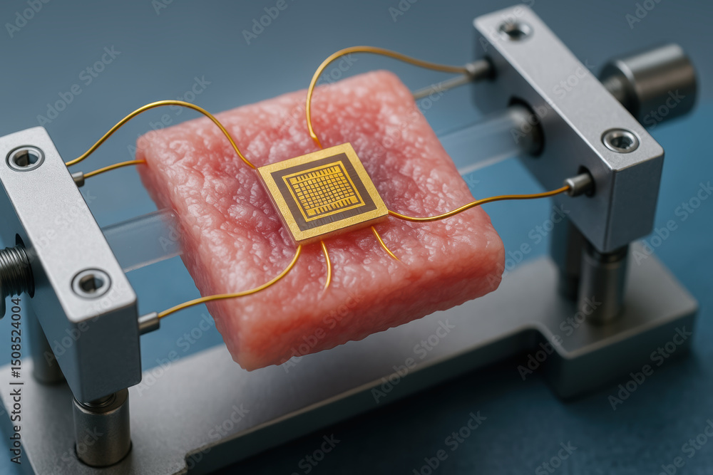 Aufkleber bioengineering innovation is demonstrated by microchip connected to piece of synthetic tissue in lab