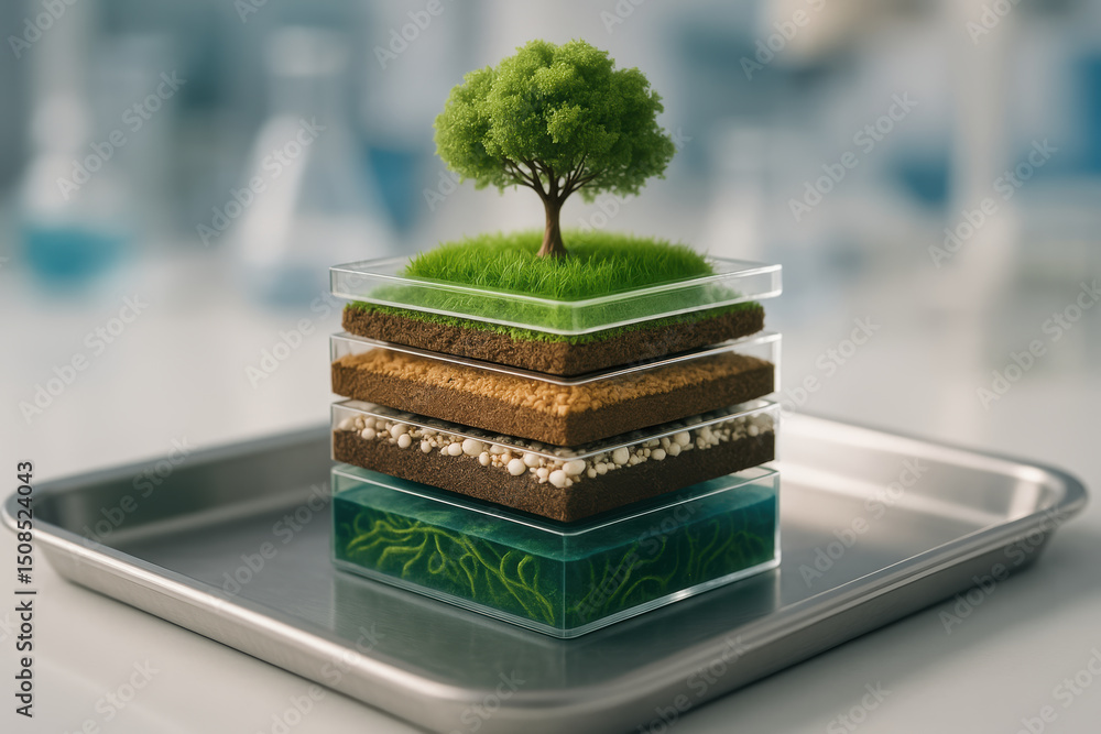 Poster bio engineering innovation concept with layered soil model and small tree growing on top representin