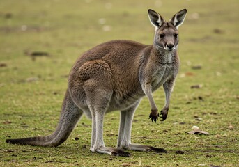 Fototapeta premium A kangaroo stands alert in a grassy field