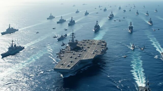 Aerial view of numerous naval vessels and aircraft carriers in a large body of water