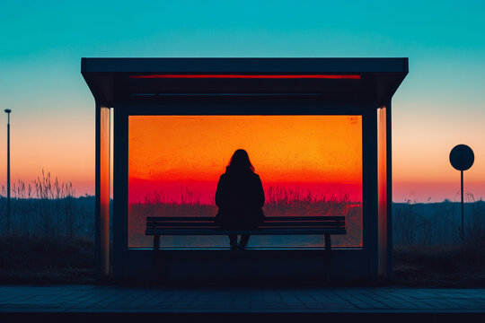 A person sitting alone at a bus stop silhouette
