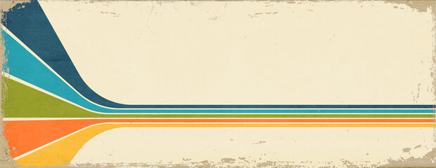 1970s background Banner. Vintage colored perspective stripes on grunge, worn out paper with scratches and folds.