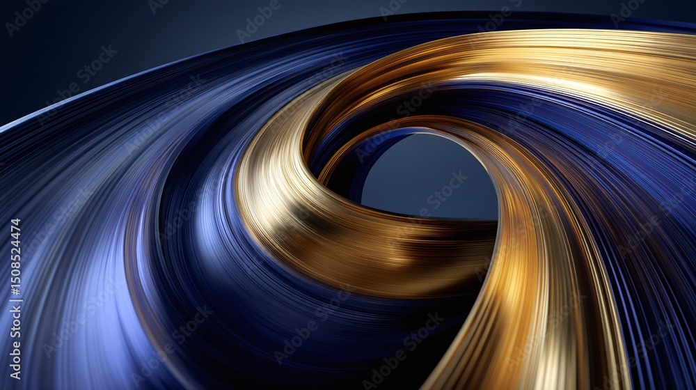 Poster abstract swirl of golden and blue metallic ribbons creating a visually dynamic flow, against a dark 