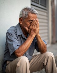 Una persona senior con las manos en la cara en concepto de depresión, tristeza y soledad AF
