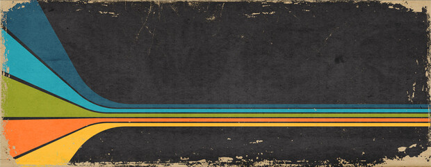 1970s background Banner. Vintage colored perspective stripes on grunge, worn out paper with scratches and folds.
