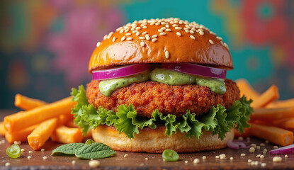 Delicious Plant-Based Burger with Fresh Fries
