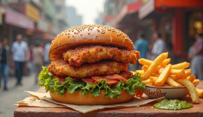 Delicious double-decker burger and fries combo in a bustling street setting.