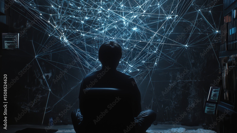 Poster digital innovation and data visualization modern workspace technology art nighttime user-centric con