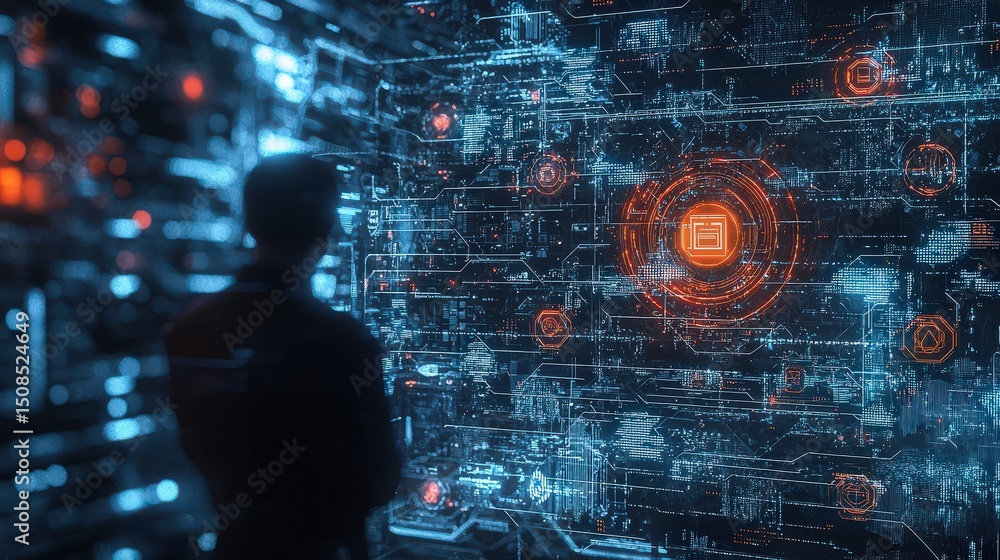 Poster exploring cybersecurity innovations in virtual environments data analysis hub digital art futuristic