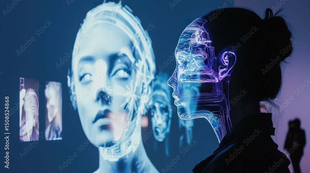 Poster futuristic digital art showcasing ai-enabled faces modern gallery visual art installation interactiv