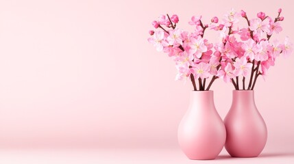 Stylish pink vases with cherry blossoms against a soft pink background create a serene ambiance, Ideal for home decor, greeting cards, or floral-themed projects,